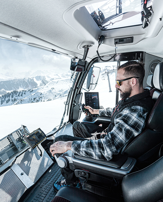 View from inside of a Prinoth snow groomer